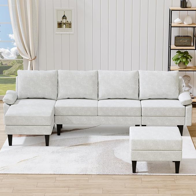 115 Inch Modular Sectional Sofa with Storage Ottoman Modern L-Shaped Sectional Couch with Chaise Chenille Couch for Living Room Apartment or Small Spaces Off-White