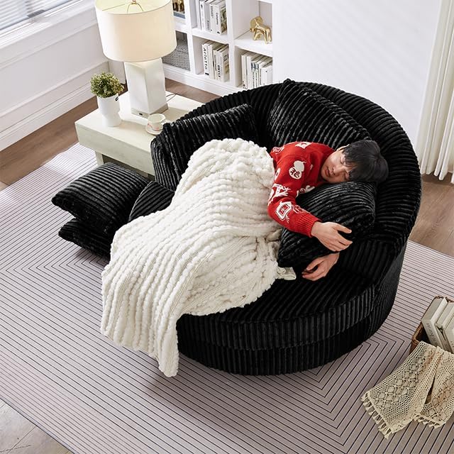 360° Swivel Accent Barrel Chair Corduroy Comfy Round Swivel Chair with Mental Base &amp Pillows Modern Lounge Reading Armchair Upholstered Plush Sofa Chairs for Living Room Bedroom Apartment(Bla