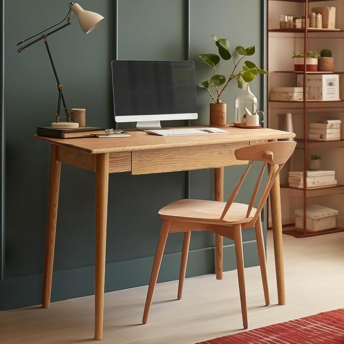 100% Solid Oak Wood Home Office Desk 31 Writing Computer Desk with Drawer Mid Century Modern Desk for Home Office Sturdy Writing Workstation