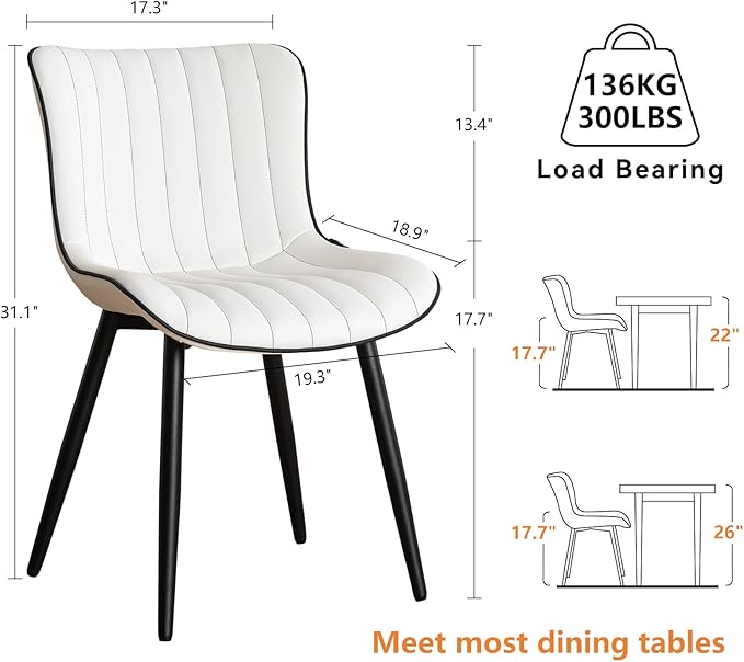 YOUNUOKE Mid-Century Modern Dining Chairs Set of 2 White PU Leather Upholstered Kitchen Chairs with Black Metal Legs Armless Accent Chair for Dining Room Guest Reception Room