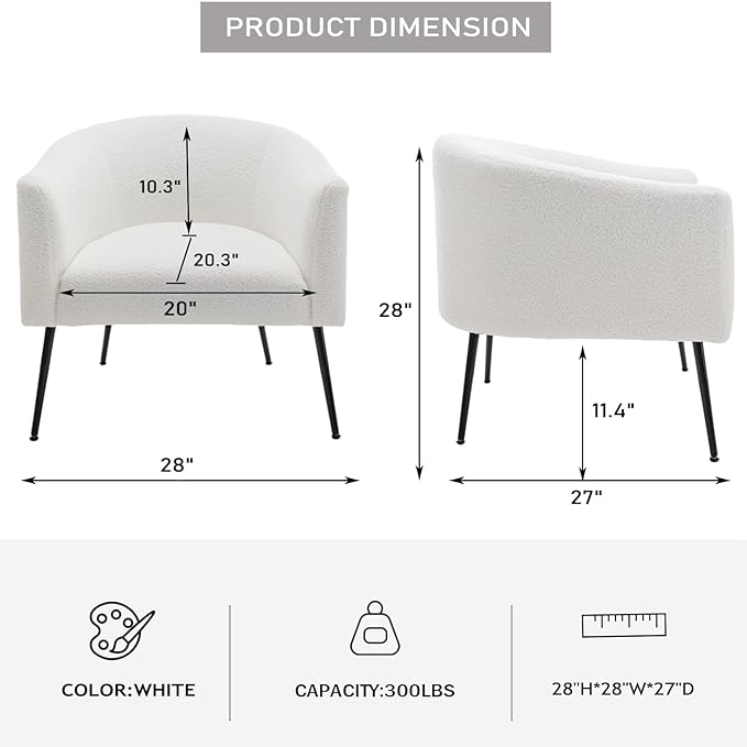 Modern Sherpa Boucle Accent Chair Set of 2 Upholstered Comfortable Armchair with Thicken Cushion Black Metal LegsComfy Reading Chairs for Living Room Bedroom Office(White)