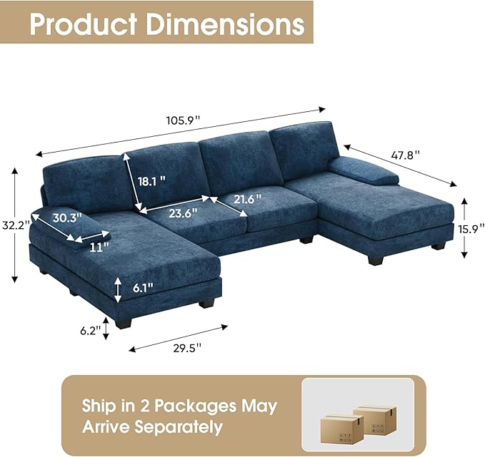 Furniwell Convertible Sectional Sofa Couch 4 Seat Sofa Set for Living Room U-Shaped Modern Fabric Modular Sofa Sleeper with Double Chaise &amp Memory Foam (Fabric Blue)