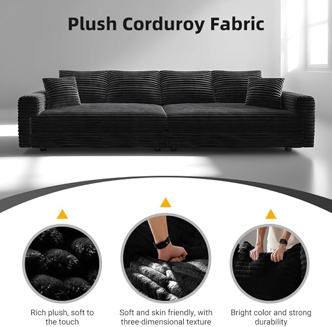 Cloud Couch Modular Sectional Sofa Fluffy 4 Seater Corduroy Cloud Sofa Couch 102.4'' Oversized Chaise Lounge Sleeper Sofas Deep Seat Sectional Couches for Living Room Black