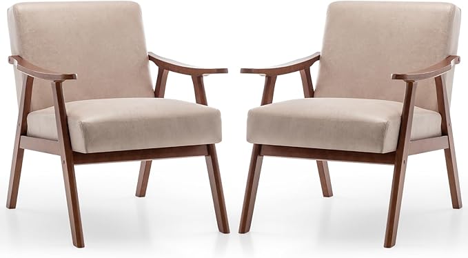 Rovibek Upholstered Accent Chair with Arms - Mid Century Modern Accent Chairs with Wood Frame Upholstered Arm Chairs with 5.9in Thick Foam Beige Occasional Chair Set of 2