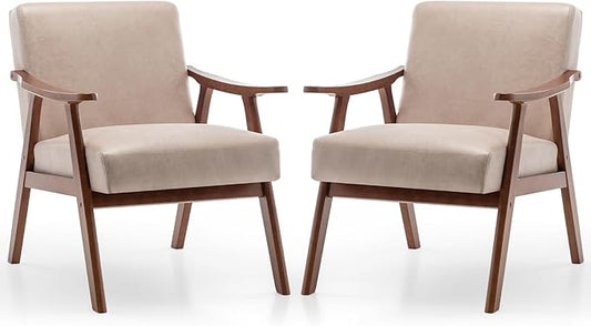 Rovibek Upholstered Accent Chair with Arms - Mid Century Modern Accent Chairs with Wood Frame Upholstered Arm Chairs with 5.9in Thick Foam Beige Occasional Chair Set of 2