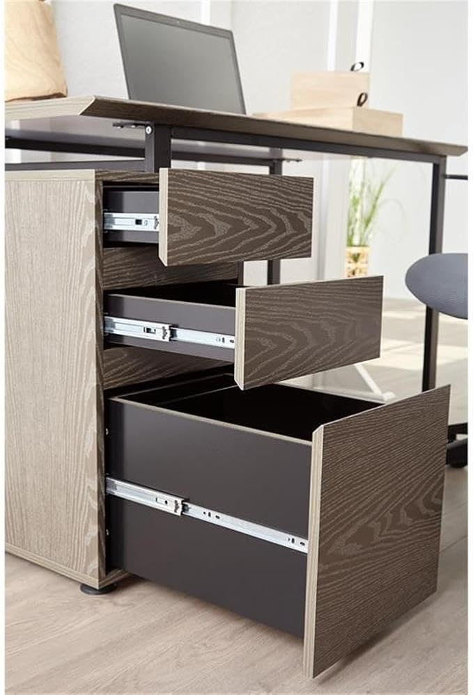 Pemberly Row 48 Reversible Home Office Desk Gray Wood Finish MDF and Steel Construction 3 Drawers with 1 File Cabinet Modern Design Compact Workspace for Home or Office Use