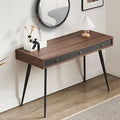 kevinplus Mid-Century Modern Desk for Home Office Bedroom Small Computer Desk Writing Desk with 3 Storage Drawers Metal Legs Walnut &amp Dark Grey