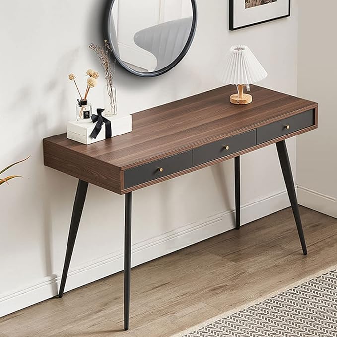kevinplus Mid-Century Modern Desk for Home Office Bedroom Small Computer Desk Writing Desk with 3 Storage Drawers Metal Legs Walnut &amp Dark Grey