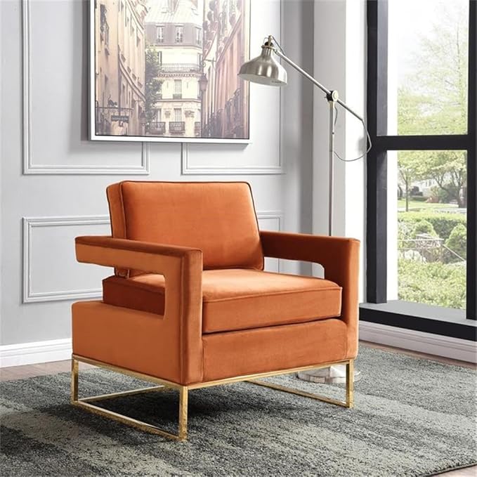Pemberly Row Modern Velvet Accent Chair 33.5 W x 29.5 D x 35.5 H Cognac Upholstery Gold Stainless Steel Base High-Density Foam Cushion Solid Wood Frame Contemporary Design for Living Room or