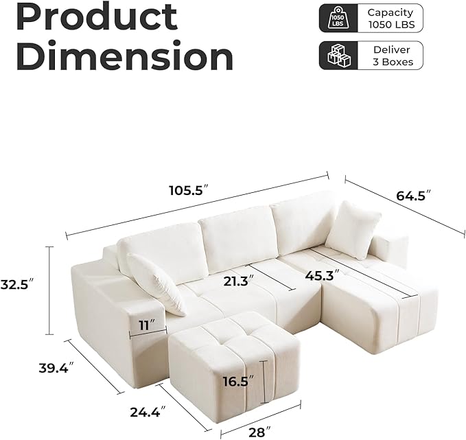 105 Cloud Modular Sectional CouchChenille Boneless Couches with Deep SeatUpholstered U-Shape Sofa with Chaise Sectional Couch with Ottoman No Assembly Required (Beige Right Facing Chaise)
