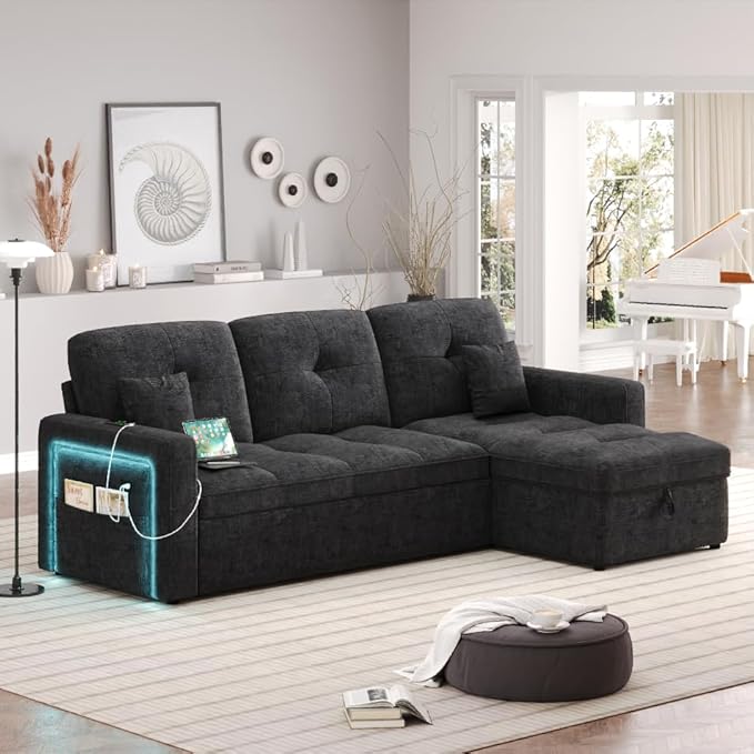 HIFIT 81 LED Sectional Sleeper Sofa with Pull Out Couch Bed Convertible L Shaped Couch with Storage &amp USB &amp Adjustable Backrest &amp 2 Pillows Chenille Sectional Couch for Living Room Bedr