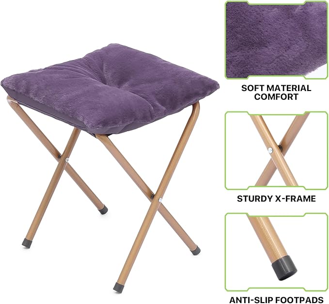 Magshion Folding Saucer Chair for Adults with Ottoman Circle Reading Chair for Bedroom Living Room &amp Dorm Furry Comfy Accent Seat with Metal Leg &amp Thick Padded for Small Spaces (Purple 2 P