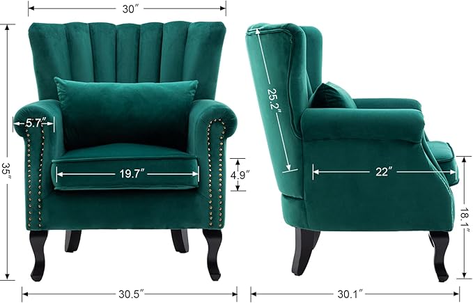 Kmax Green Accent Chair Velvet Wingback Chair with Pillow Nail-Head Channel Tufted Club Oversized Chair for Living Room Bedroom Guest Room