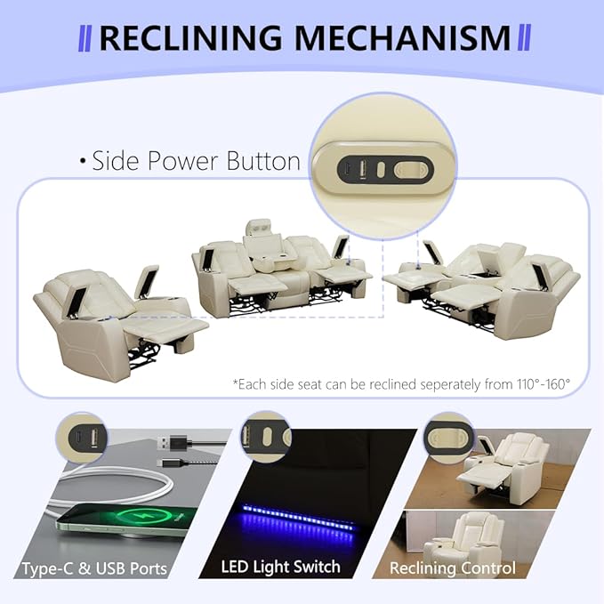 Power Theater Recliner Chair Cream White Leather Reclining Sofa Couch Chair Modern Comfy Recliner with Arm Storage/Cup Holder/USB Port for Living Room Furniture Office Home Theater