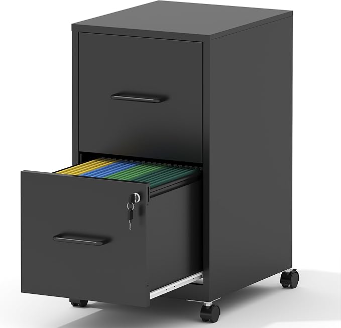 2 Drawer Mobile File Cabinet Metal Under Desk Filing Cabinet with Lock and Wheels Home Office Rolling File Cabinet for Legal/Letter Hanging File Folders Un-Assembled Black