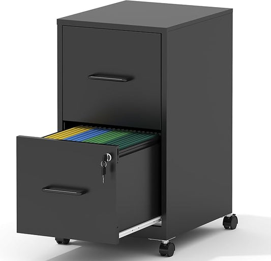 2 Drawer Mobile File Cabinet Metal Under Desk Filing Cabinet with Lock and Wheels Home Office Rolling File Cabinet for Legal/Letter Hanging File Folders Un-Assembled Black