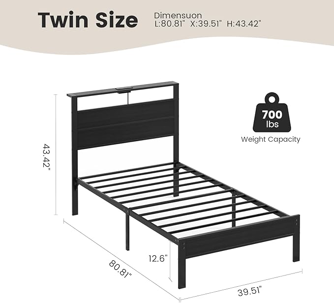 Twin Bed Frame with LED Lights &amp USB Charging Station Black Metal Platform Bed with Storage Headboard Under-Bed Space Noise-Free &amp Sturdy No Box Spring Needed Easy Assembly