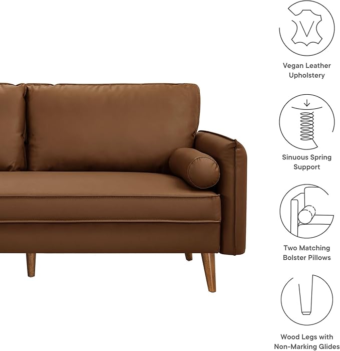 Modway Revive 72 Inch Faux Leather Sofa in Brown – 3 Seater PU Leather Couch with Cozy Wide Seats - Mid-Century Modern Upholstered Sofa for Living Room or Office