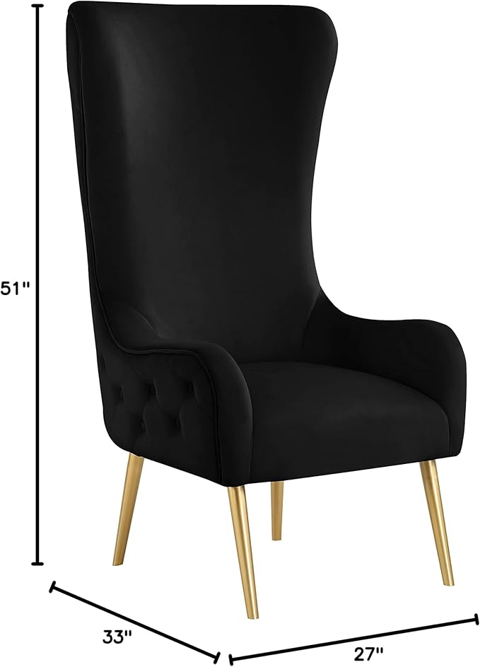 Meridian Furniture 536Black Alexander Collection Modern | Contemporary Velvet Upholstered Accent Chair with Sturdy Gold Metal Legs and Deep Button Tufting on Back 27 W x 33 D x 51 H