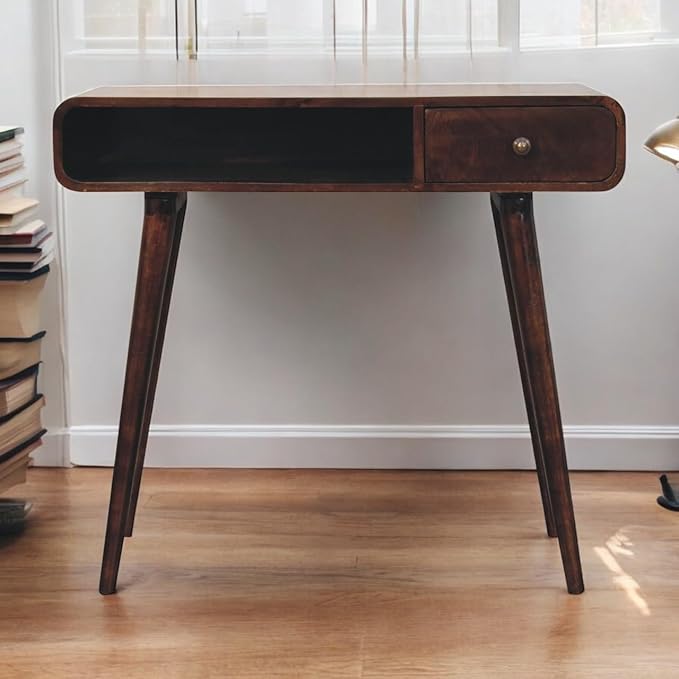Solid Wood Curved Walnut Writing Desk - Computer Desk for Home Office with Storage