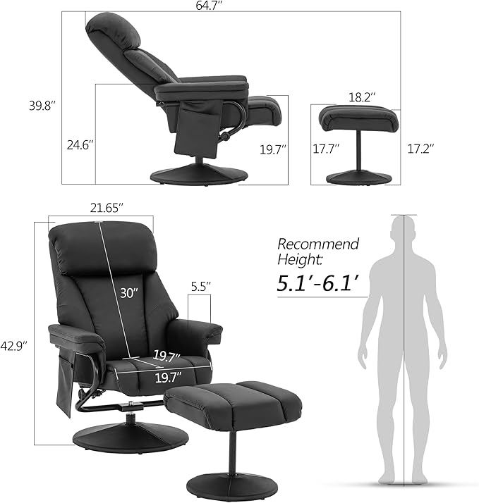 MCombo Swivel Recliner with Ottoman TV Chair with Vibration Massage Ideal for RV Small Space Living Room &amp Bedroom 4539 4828 (Faux Leather Black)