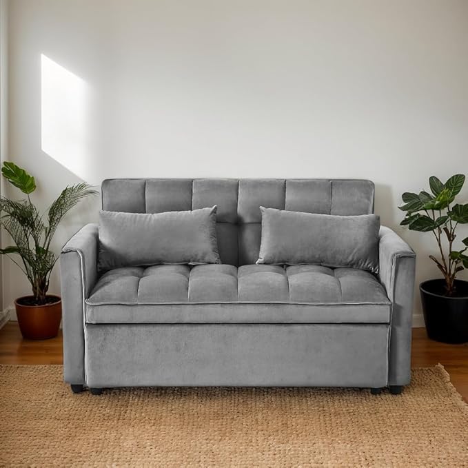Modern Velvet Sofa Bed with 3-Level Adjustable Backrest &amp Included Pillows Pull Out Convertible Sleeper Chair with High Density Foam for Small Spaces (Dark Gray)
