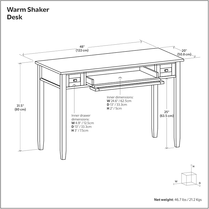 SIMPLIHOME Warm Shaker Desk - 48 Inch Wide Solid Wood Writing Desk in Light Golden Brown Transitional Home Office Computer Table for Workspace or Study with Flip-Down Keyboard Tray and 2 Drawers
