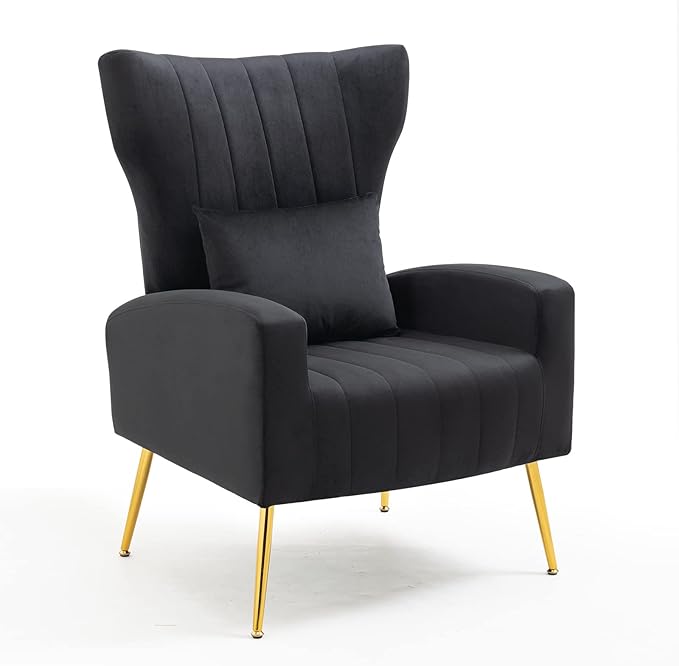 Living Room Chairs Set of 2 Modern Velvet Accent Chairs with Lumbar Pillow High Back Armchair Arm Chairs with Gold Metal Legs for Bedroom Black