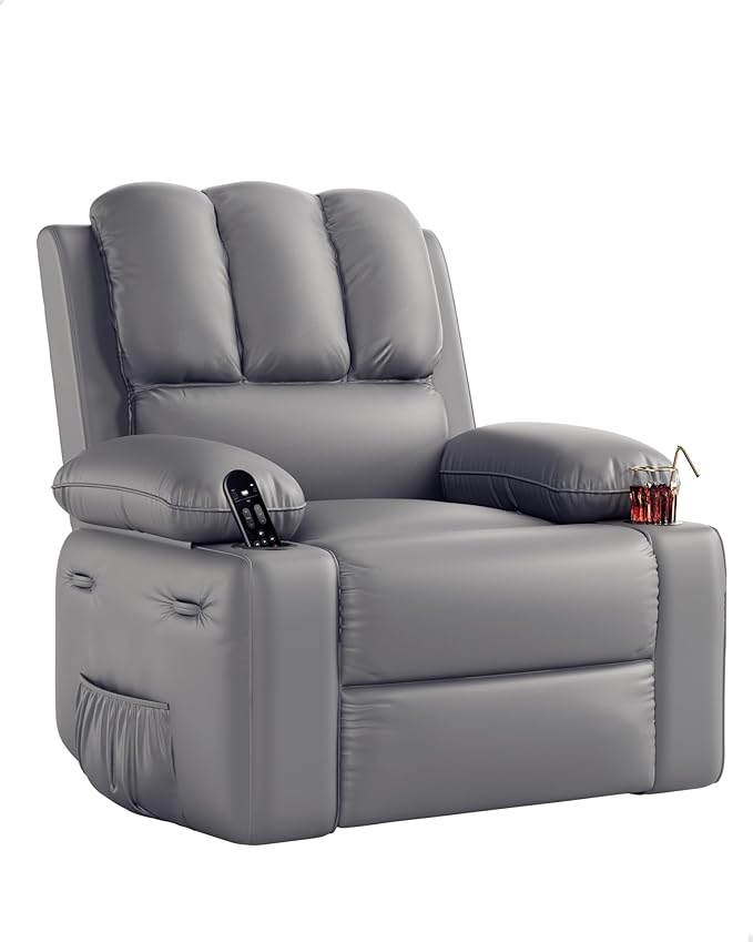 22 in Leather Recliner Chair for Adults Overstuffed Manual Recliner Chair Single Sofa with Cup Holder and Side Pockets Upholstered Chair for Living Rooms Gray