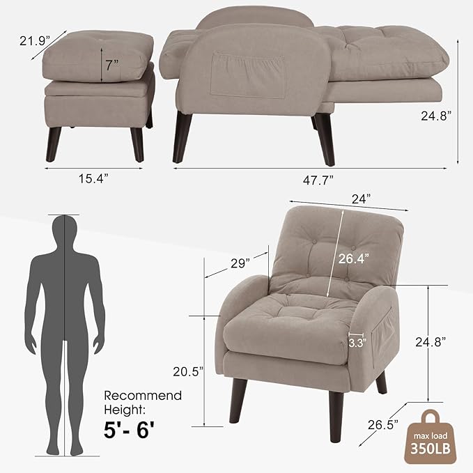 ELUCHANG Accent Chairs with Ottoman Upholstered Comfy Armchair with Adjustable Backrest&ampStorage Footrest Lazy Chair Reading Chair Leisure Sofa Recliner for Living Room Bedroom (Light Grey - Line