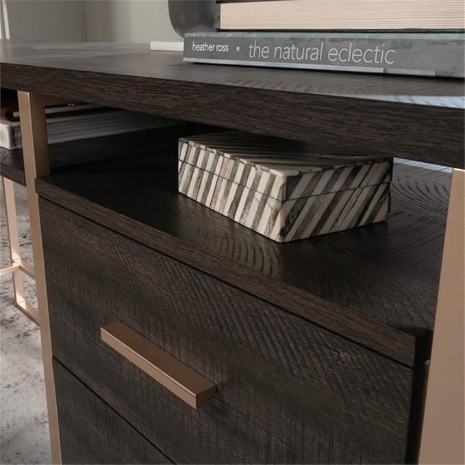 Pemberly Row L-Shaped Engineered Wood Desk Blade Walnut and Champagne Gold Finish 60 in Wide Work Surface Cord Management and Storage Drawers Modern Home Office Desk for Organizing Files