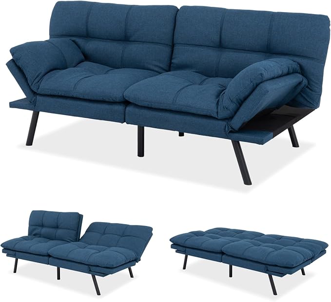 MUUEGM Futon Sofa Bed 71 Convertible Linen Memory Foam Couch Bed Modern Backrests Armrests Love Seat for Living RoomApartmentOfficeBlue Sleeper Couch