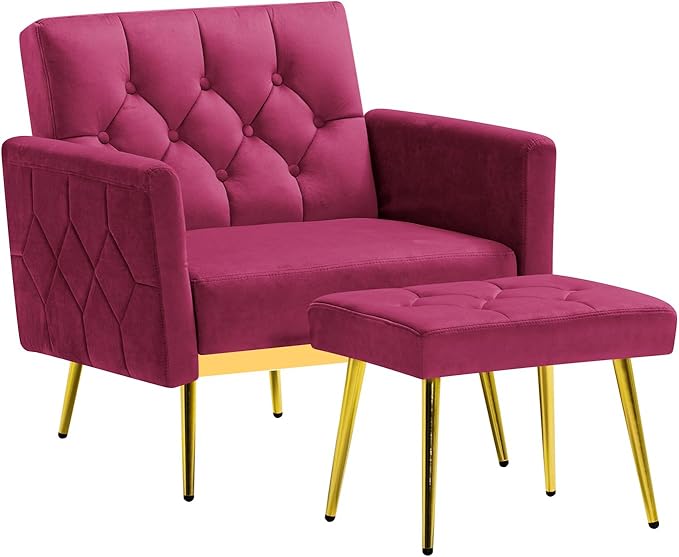 Velvet Accent Chair w/Adjustable Armrests and Backrests Tufted Single Sofa with Ottoman Upholstered Reading Chiar for Living Room Apartment Bedroom Fuchsia
