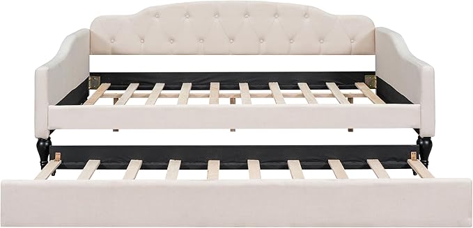 MERITLINE Upholstered Full Size Daybed Frame with Twin Size Trundle Modern Linen Button Tufted Daybed Wooden Full Sofa Daybed Frame for Living Room Bedroom No Box Spring Needed Beige