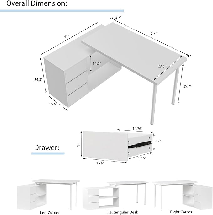 L Shape Computer Desk with 3 Drawers and 2 Shelves Home Office Desk Corner Small Desk with Storage Cabinet for Writing Study Executive – White