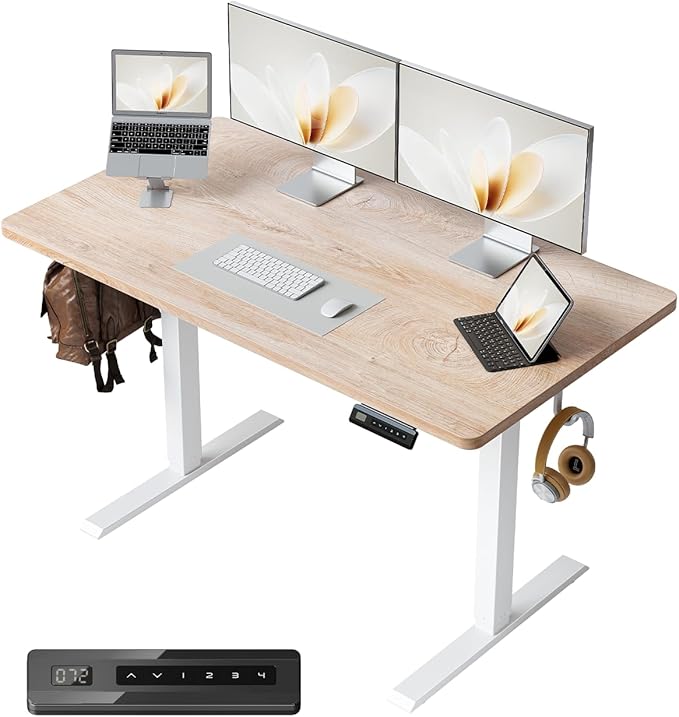 FEZIBO One-Piece Standing Desk Adjustable Height Stand up Home Office Desk 48x24 Inch Electric Standing Computer Desk with 4 Memory Presets Headphone Hook Maple