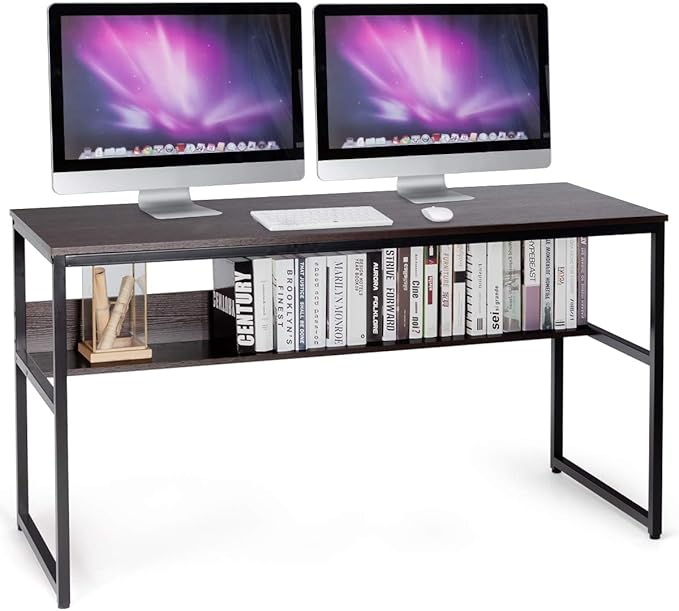 Tangkula 55 Inches Computer Desk with Bookshelf Study Writing Table w/Storage Shelf &amp Sturdy Metal Frame Home Office Desk with Adjustable Foot Pads &amp Spacious Desktop Computer Workstation