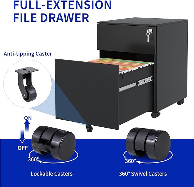 Mobile File Cabinets Steel Mobile File Cabinet with 2 Drawers Lock for Home Office Legal Letter A4 F4 Size 15.35x7.72x21.18 Inch(White)
