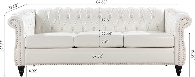 Ball &amp Cast 84 Chesterfield Leather Sofa with Channel Tufted Seat BackClassic 3 Seater Couch w/Roll Arm Nailhead Trim and UpholsteredMid Century Furniture for Living RoomBedroomOfficeWhite P