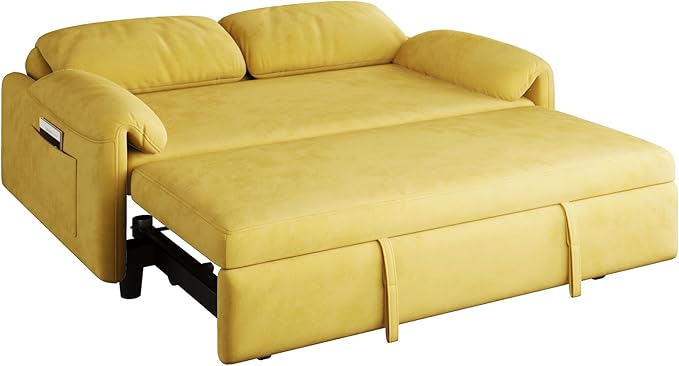 KEIKI Velvet 3 in 1 Convertible Full Sofa Bed with Pull-Out Sleeper Adjustable Backrest Side Pockets &amp Recliner Function Space-Saving Sofa for Small Rooms Yellow