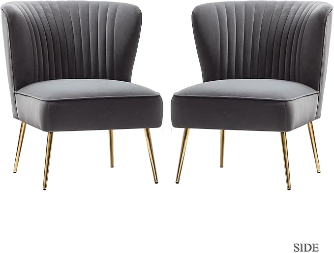 TINA'S HOME Monica Velvet Accent Chair Set of 2 Mid Century Side Chair Comfy Upholstered Living Room Chair with Golden Legs Wingback Armless Slipper Chair for Bedroom Guest Room- Grey
