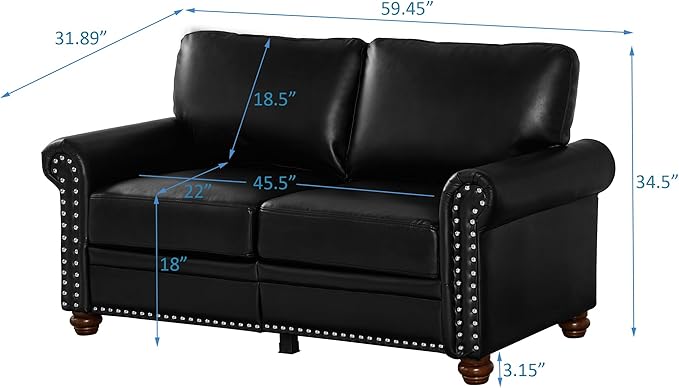 59 Faux Leather Pu Loveseat Underseat Storage Classic Love Seat Couch Elegance 2 Seat with Rolled Armrests Nailhead Trim Wood Legs Traditional Living Room Accent Sofa 2 Seat-Black