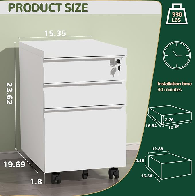 3 Drawer File Cabinet with Lock Metal Mobile Filing Cabinet on Wheels Under Desk Storage Cabinet for Home Office Deep Drawers for Letter/Legal/A4 Files with Anti-Tip Design (White)