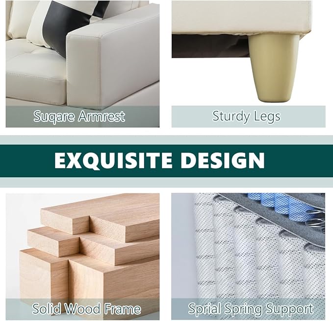 Sectional Sofa Couch with Storage Ottoman Modern L-Shaped Couch Modular Sectional Sofa Set Faux Leather Corner Chaise Lounge for Living Room Apartment Office (Left Chaise Cream White)