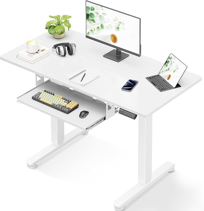Casaottima Electric Standing Desk with Keyboard Tray 40 Inch Height Adjustable Small Table Sit Stand Table Writing Computer Desk for Home Office Workstation White