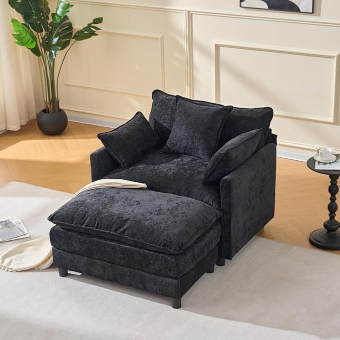 39.4 Modern Accent Chair with Ottoman Living Room Club Chair Chenille Upholstered Armchair Reading Chair for Bedroom (Black + Fabric + Plastic + Steel + Wood + 1 Seat + Foam)