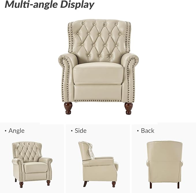 HULALA HOME Genuine Leather Recliner Chair with Solid Wood Feet Modern Adjustable Tufted Push Back Arm Chair w/Rivet Decoration Home Theater Seating Single Reclining Sofa for Living Room Beige