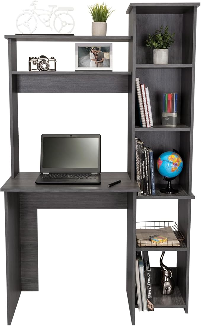 Writing Desk with Hutch and Shelves Two Superior Shelves Five Cubbies for Home Office Living Room-Smokey Oak