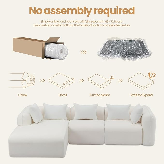 117’’ Chenille Fabric Boneless Couches for Living RoomModular Sectional Cloud Sofa |Fluffy Chenille Deep Seat No-Assembly Memory Foam Comfy Cloud Couch with L-Shaped Chaise (Beige)