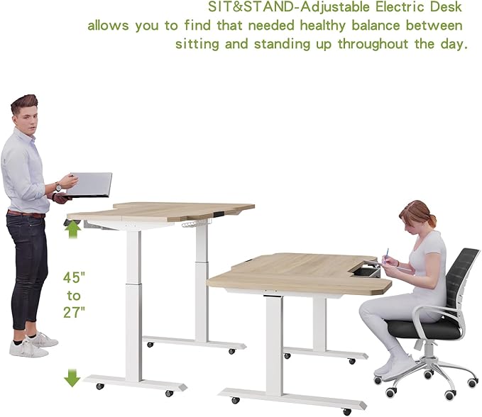 Radlove Dual Motors Height Adjustable 59'' L Shape Electric Standing Desk with Drawer Stand Up Table 4 Memory Keys Computer Desk with Splice Board Home Office Desk Oak Top + White Frame